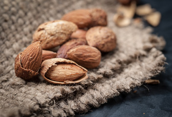 Almonds on sack background,Selective focus