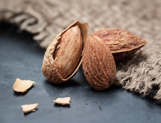 Almonds on sack background,Selective focus