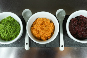 Healthy snacks - four colorful vegetable mousses