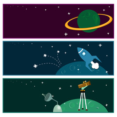 Scientific banners with flat astronomic symbols.