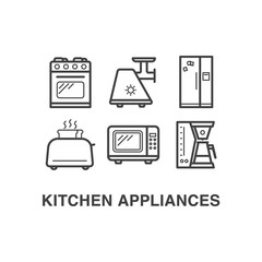 Kitchen appliances icons set with stove, meat grinder, fridge, toaster, microwave and coffee maker icons.