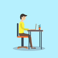 Flat style man, student sitting on the chair with laptop
