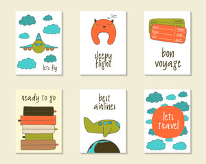 Fototapeta premium Cute doodle travel, flight cards