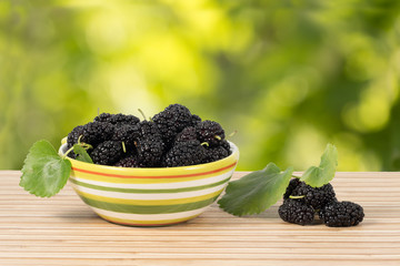 Closeup ripe black mulberries in striped ceramic bowl on the table on green leaves background. horizontal