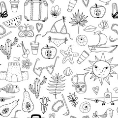 Obraz premium Doodle summer set vector seamless pattern. Vacation hand drawn illustration background.