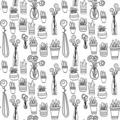 Flowers, pots, vases seamless pattern. Doodle black and white background. Hand drawn herbal background.