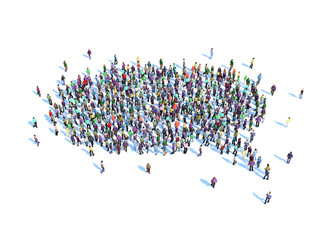 Large group of people forming a speech bubble symbol