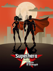 Poster. Superhero Couple: Male and female superheroes, posing in