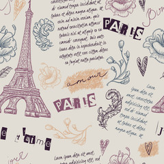 Obraz premium Paris. Vintage seamless pattern with Eiffel Tower, flowers, feathers and text. Retro hand drawn vector illustration.
