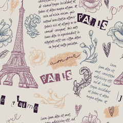 Naklejka premium Paris. Vintage seamless pattern with Eiffel Tower, flowers, feathers and text. Retro hand drawn vector illustration.