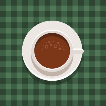 Cup of coffee icon. Top view. Morning drink. Сoffee cup on chequered cloth. Vector flat illustration.