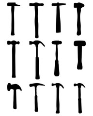 Black silhouettes of different hammer, vector