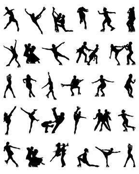 Black silhouettes of figure skaters, vector