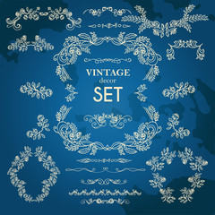 Set  vector hand drawn calligraphic element. The pattern of the branches of the roses. Blue background.Pattern border Floral ornament of leaves and flowers.Vintage style.