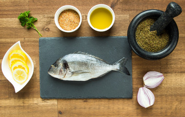 fresh raw dorado fish with spices on white background, top view, square image