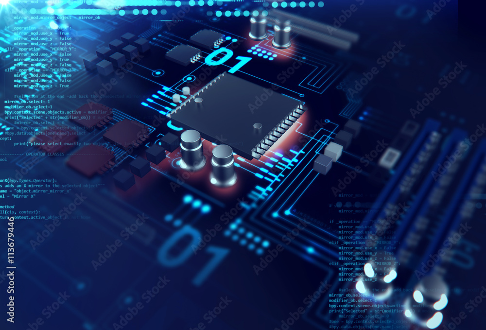 Poster 3d rendering of futuristic blue circuit board