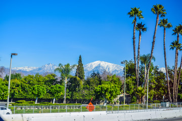 Los Angeles snowy mountains in the background