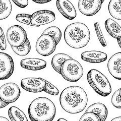 Cucumber hand drawn vector seamless pattern. Vegetable engraved