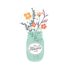 Cute bouquet of flowers in a glass jar. Vector illustration isolated on white background.