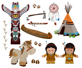 Indian symbols set, cartoon characters of American Indians