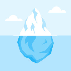 Iceberg on water. Antarctic landscape, ocean, snow and ice. Vector flat illustration.
