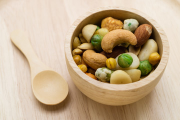 Mixed beans in wooden bowl