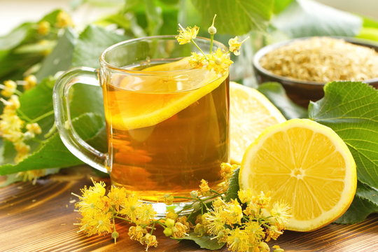 Herbal tea with linden flowers and lemon