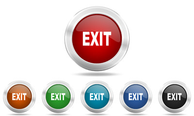 Metallic chrome round vector glossy exit icon set