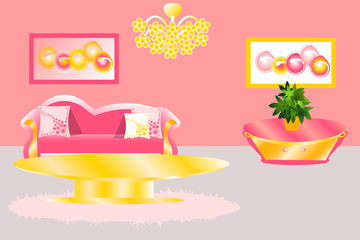 Living room interior with gold. Stylish living room in gold and pink. Furniture for living room vector illustration. Sofa , table, chandelier and plant
