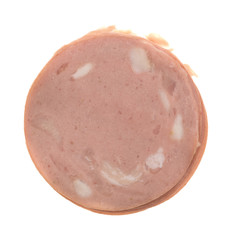 Thin sliced mortadella luncheon meat stack top view isolated on a white background.