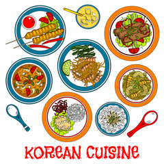 Korean grilled meat and seafood dishes sketch icon