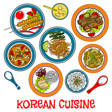 Korean grilled meat and seafood dishes sketch icon