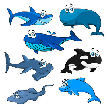 Funny cartoon sea animals characters 
