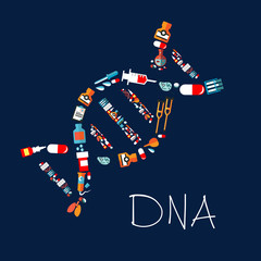 Medicines and healthcare icons in a shape of DNA