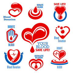 Hearts, blood drops, hand icons for medical design