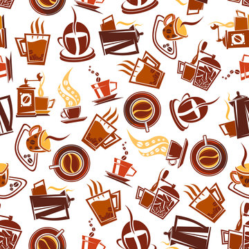 Brown coffee cups, pots, grinders seamless pattern