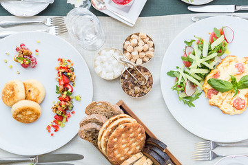 Absolutely Amazing Top View of Bread, Scrambled Eggs with Salad, Cheesecakes with Berries on the Table for Breakfast, Brunch Time in Restaurant, Breakfast Conception, Traditional English Tea Ceremony
