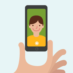 Selfie. Portrait and smartphone, camera and face, vector illustration