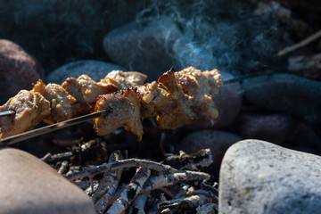 The meat on the fire