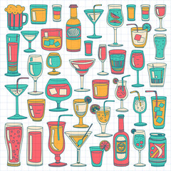 Alcohol drinks and cocktails icon set