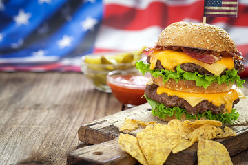 4th of July American Cheeseburgers with copy space
