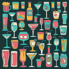 Alcohol drinks and cocktails icon set