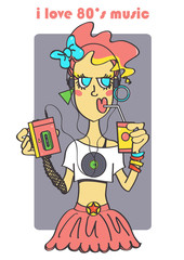 Cute, fashionable 80s style girl with walkman