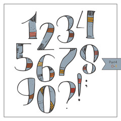 Hand drawn funky numbers, decorated and colored for lettering or design. Red and yellow strokes on blue, hatched and dotted decoration. Isolated on white set of digits sequence from 1 to 9.