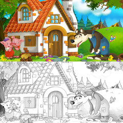 Cartoon scene of wolf standing tired in front of the brick house - with coloring page - illustration for children