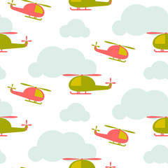 Cartoon helicopter in sky seamless vector pattern. Green and red copter in the blue clouds on white background. Minimalist style textile fabric boy child ornament.