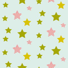 Stars on night sky boy seamless vector pattern. Green and red star shapes in the sky on blue background. Minimalist style textile fabric cartoon nature ornament.