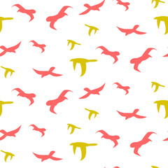Fototapeta premium Flock of birds seamless vector pattern. Red and green bird flight silhouettes in the sky on white background. Minimalist style textile fabric wildlife freedom ornament.