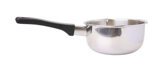 Black handle stainless steel pot on white background.