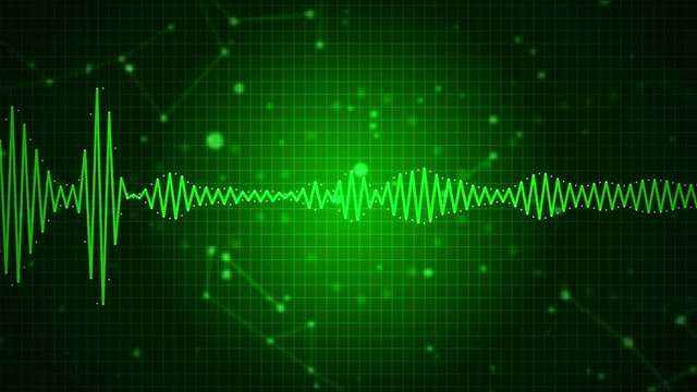 Animated audio sound waveform spectrum, sound waves on green background